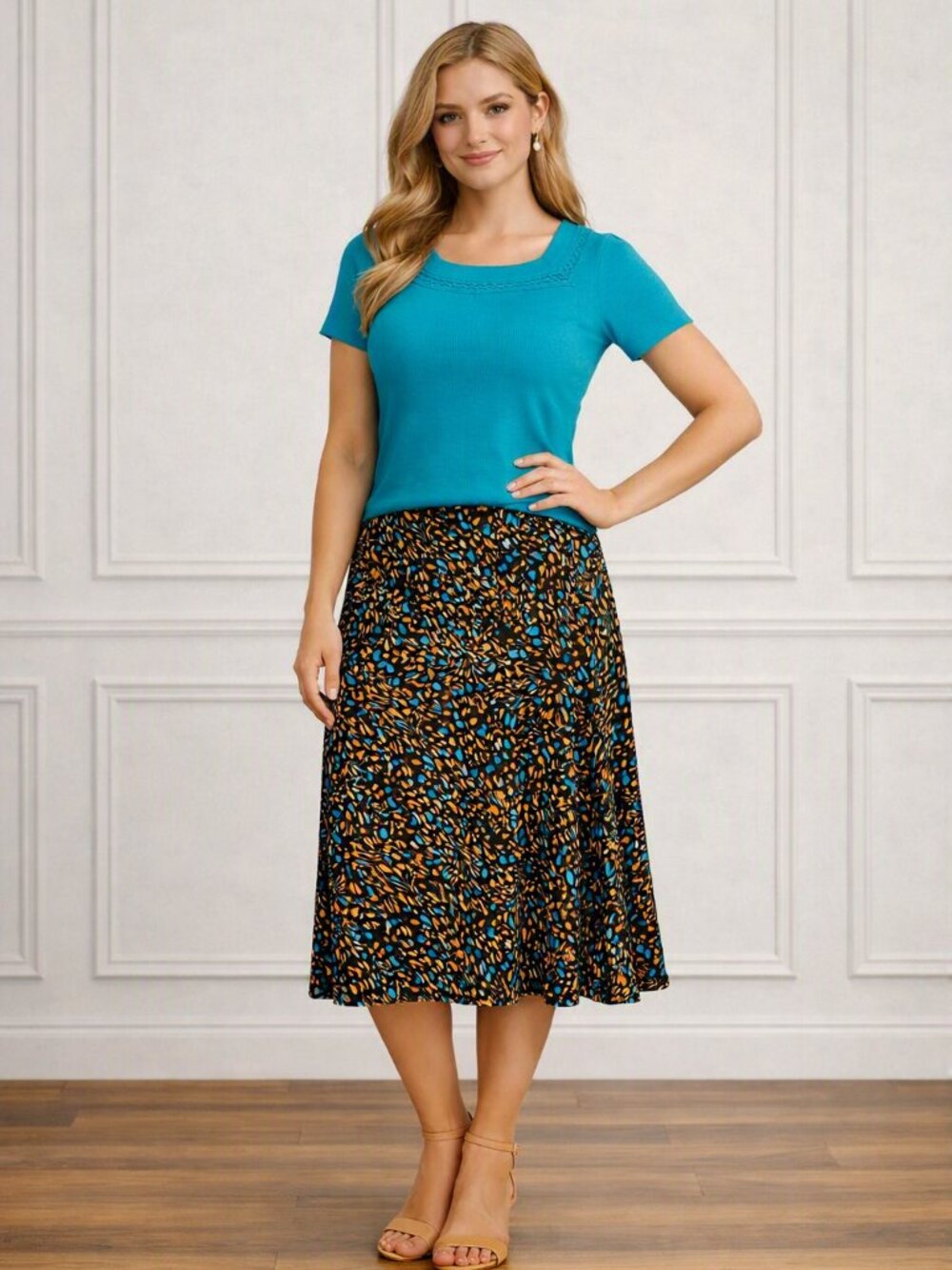 Sag Harbor Teal Embellished Top with Brown Teal Fit & Flare Skirt Set Size PS